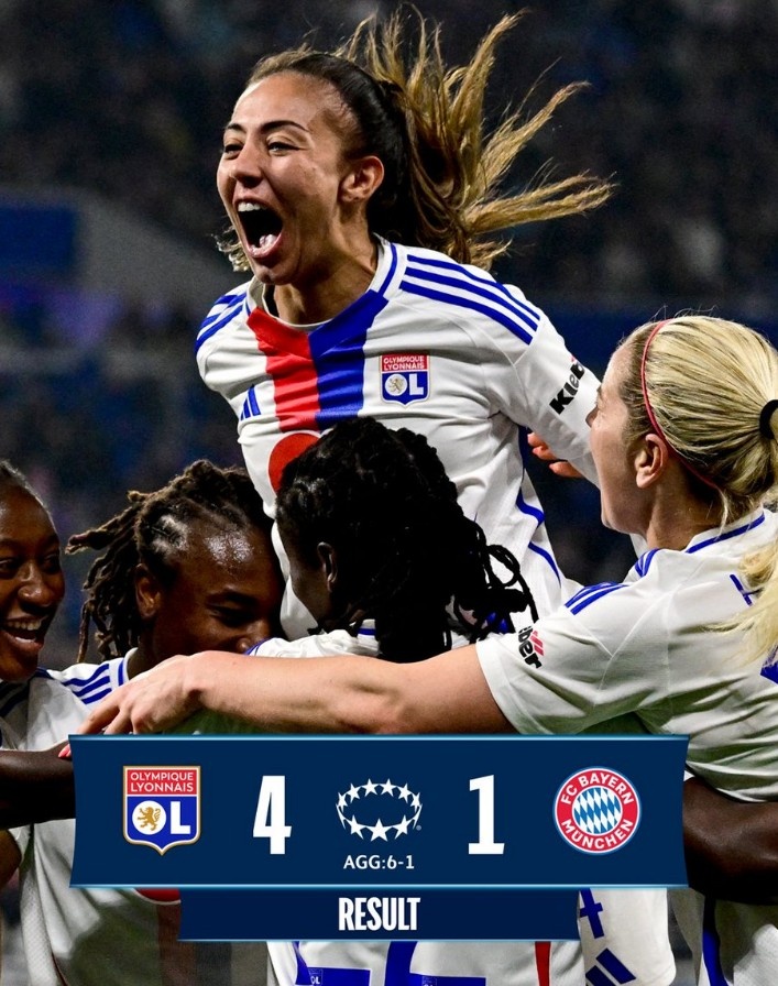 里昂女足4-1大勝拜仁女足，總比分6-1晉級(jí)女足歐冠半決賽